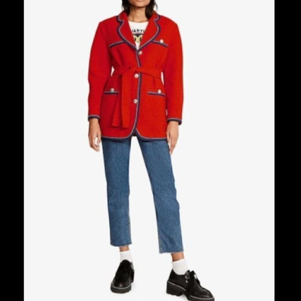 Claudie Pierlot Red Gamin Contrast Trim Tweed Coat Jacket Size 4 - Picture 4 of 15